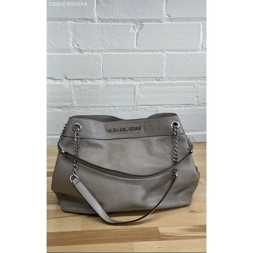Michael Kors Gray Pebble Leather Jet Set Chain Strap Double Shoulder Bag -M